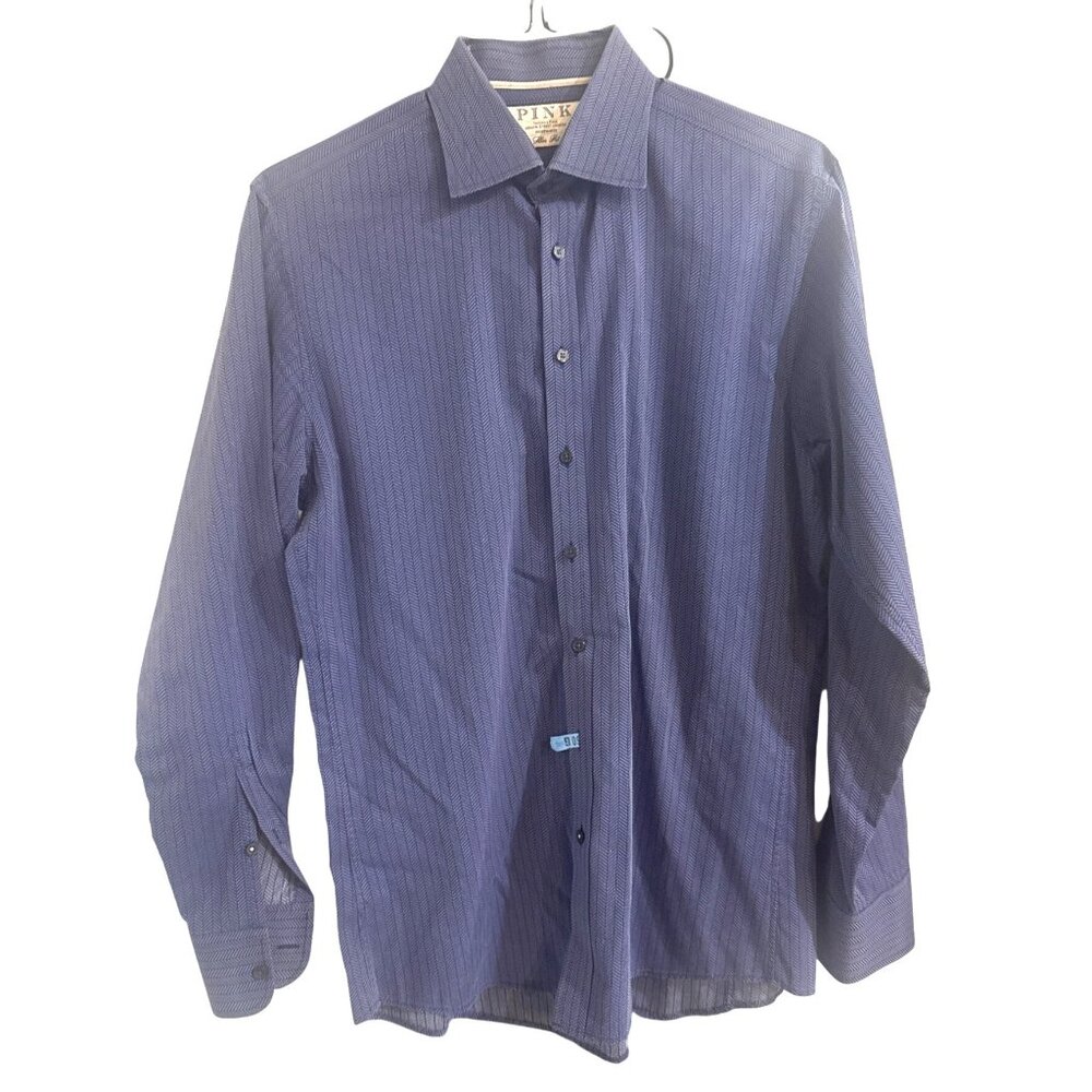 Thomas Pink Slim Fit Blue Striped Long Sleeve Cotton Mens Shirt Size 16.5
